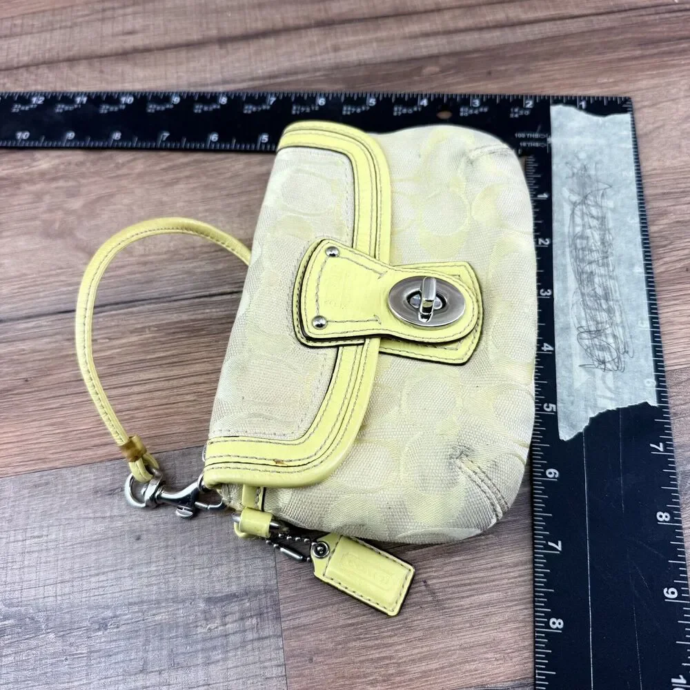 Coach Signature Yellow Canvas Leather Trim Turnlock Wristlet - Coin Wall…